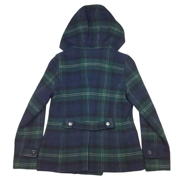 American Eagle Wool Blend Plaid Hooded Pea Coat Jacket Women M L Green Blue Y2K - Picture 3 of 12